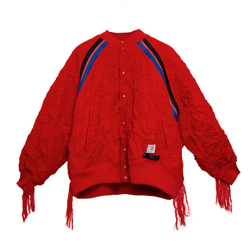 Crinkled Fringed Varsity Jacket