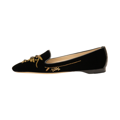 Embroidered Black Velvet Flats 