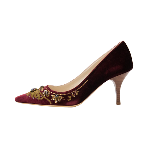Maroon Embroidered Velvet Heels 