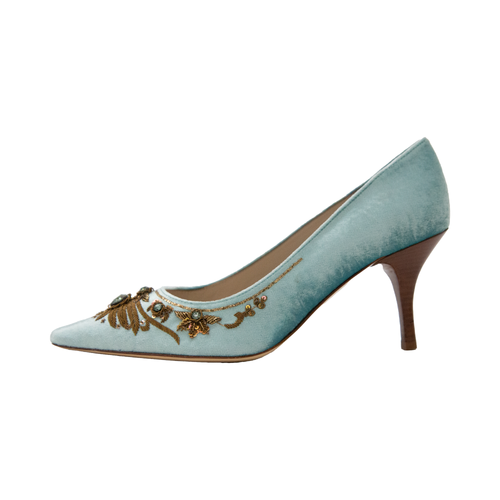 Embroidered Turquoise Velvet Heels