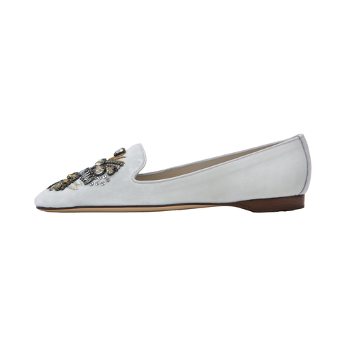 Embroidered White Velvet Flats 
