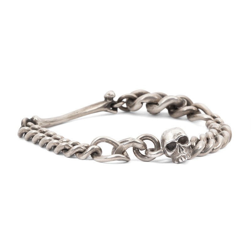 Silver Curb Link Chain Bracelet Skull Men's Brutal Bike Gothic Engraved –  AGARTA