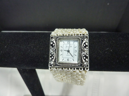 Jennie B Ladies Dress Watch Ornate Bezel  Pearl Bracelet