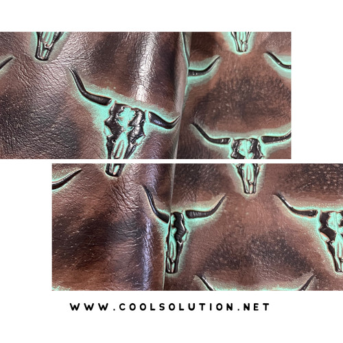 Mini Longhorn Turquoise Brown, Embossed leather, skull leather, cattle embossed, Mini Skulls