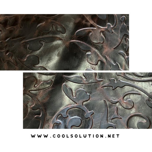 Embossed cowhide leather in rich caramel swirl design – great for belts, journals, boot inlays, and custom leatherwork.