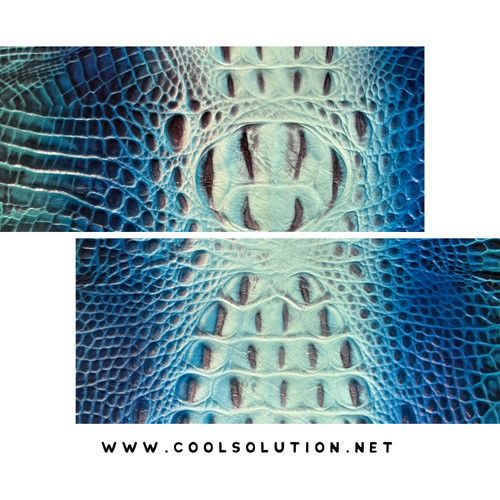 Embossed crocodile leather sheet in oceanic turquoise blue — genuine cowhide with glossy texture, ideal for handbags, earrings, and summer-inspired crafts. Available at Cool Solution Leather in 8x8 and 12x12 sizes