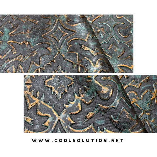 Laredo Lagoon embossed leather sheet with turquoise patina and antique bronze highlights by Cool Solution