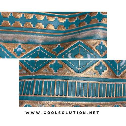 Navajo Sea Glass Champagne embossed leather sheet with southwestern pattern, sea glass turquoise tones, and champagne metallic accents by Cool Solution