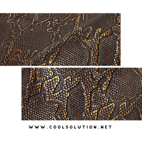 Cascabel Brown and Copper embossed leather sheet with metallic reptile texture, ideal for handbags, wallets, and leather craft projects.