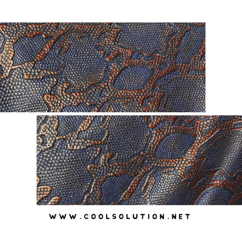 Cascabel navy and copper embossed leather sheet with metallic reptile texture, ideal for handbags, wallets, and leather craft projects