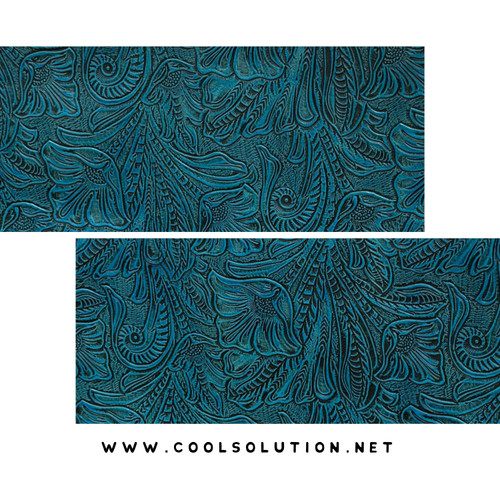 Large Floral Teal embossed leather sheet with western floral tooling and turquoise tones for handbags and leather projects