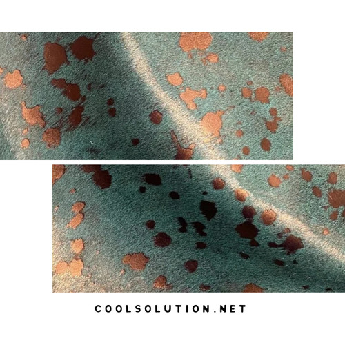 Turquoise and Copper Metallic Acid Washed cowhide leather featuring a distressed metallic finish, ideal for handbags, wallets, western accessories, and leather crafts.