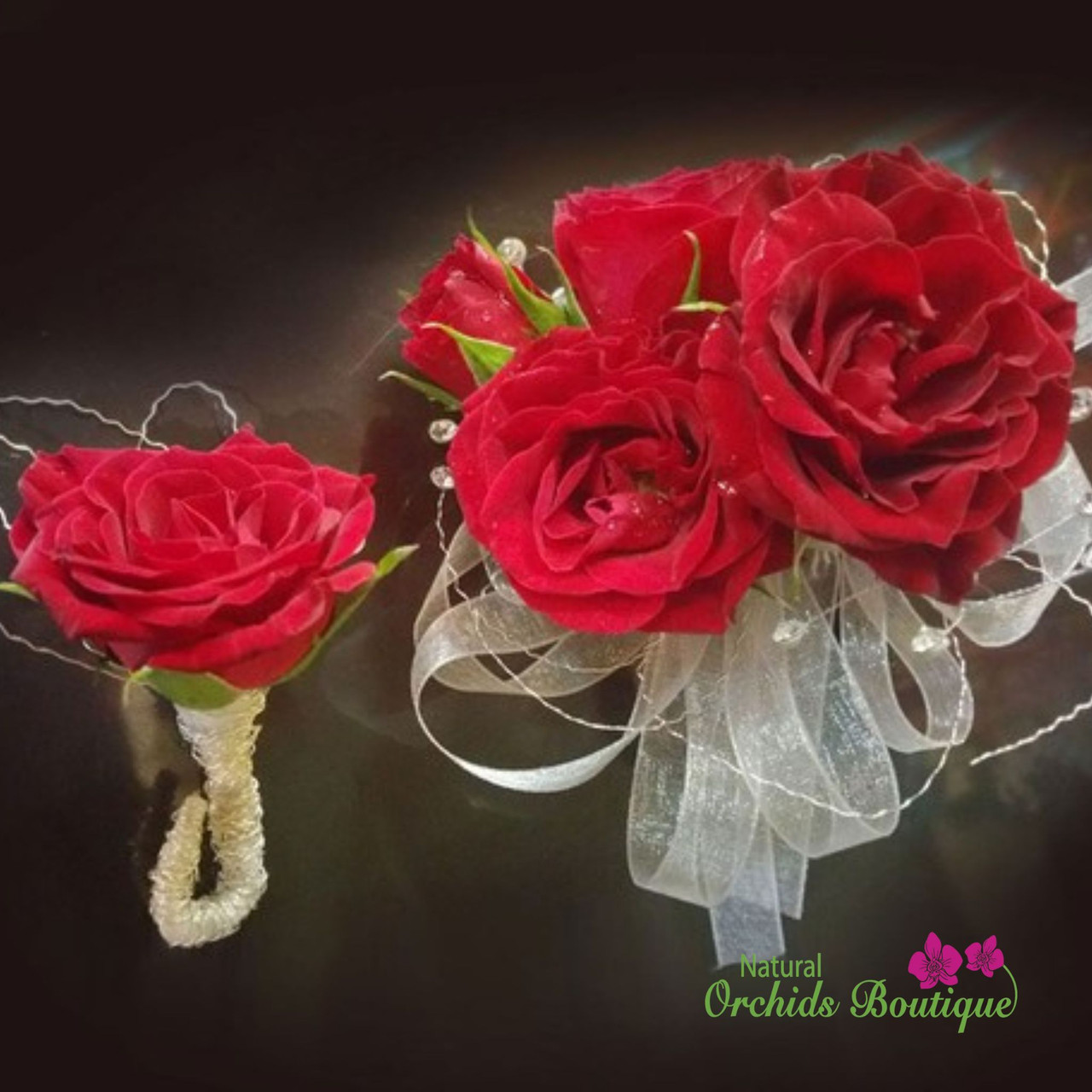 corsage and boutonniere for red dress Burgundy Wine Tipped Corsage and Boutonnire Combo