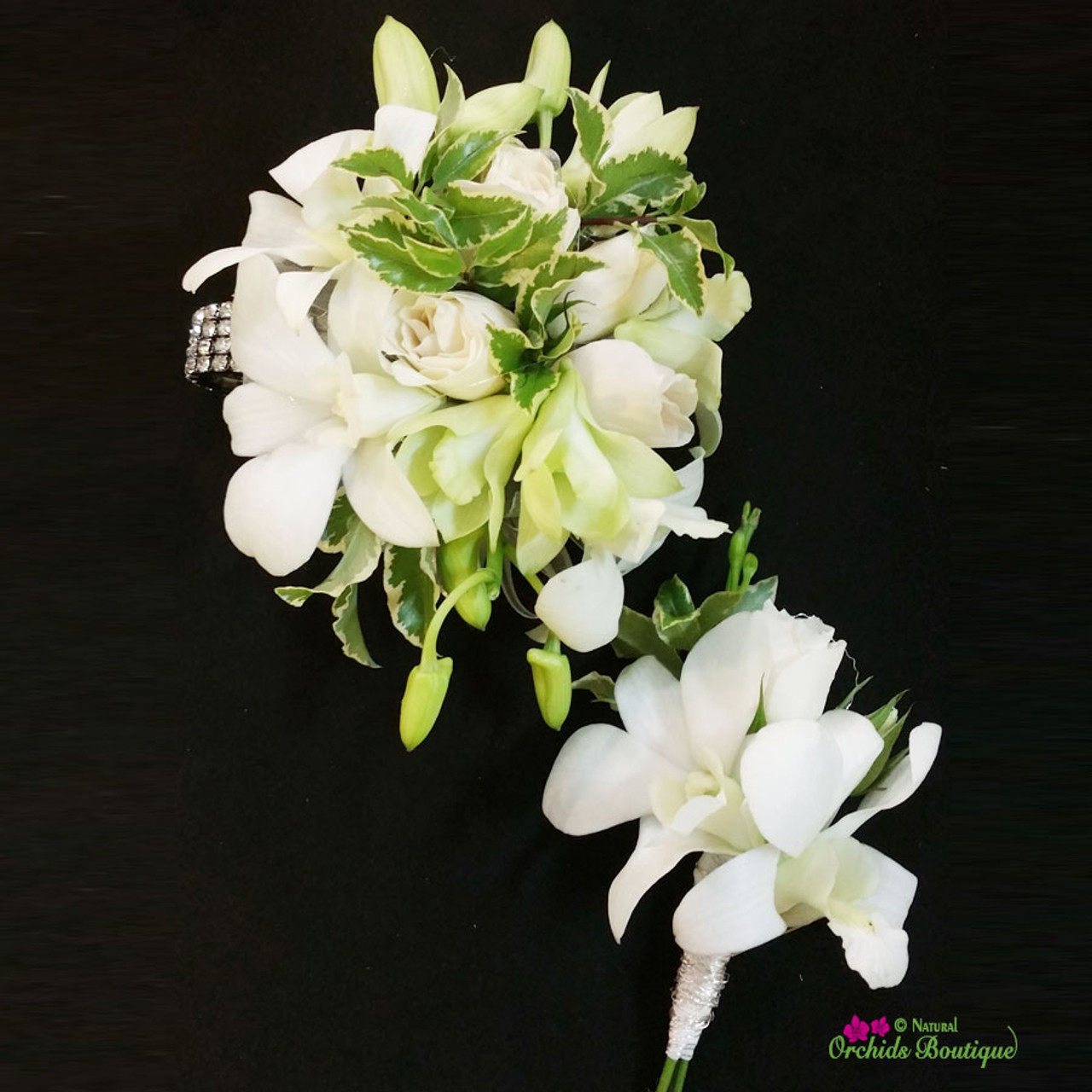 white orchid corsage boutonniere