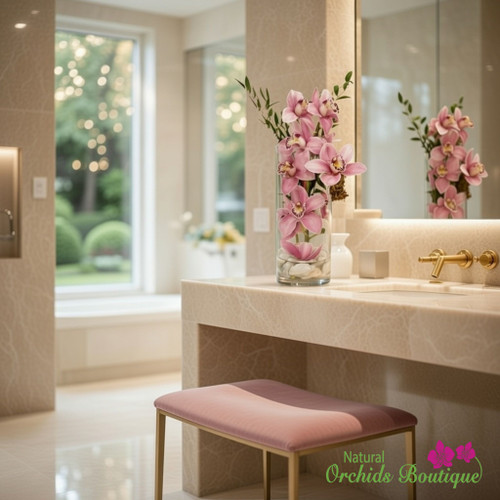 Pink Cymbidium Orchid Arrangement with fresh pink orchid stems in a tall glass vase with white stones and greenery, available for flower delivery in Miami