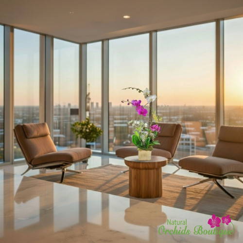 Lovely Garden Phalaenopsis Orchid Arrangement with soft-colored phalaenopsis orchid stems arranged among lush green leaves, styled to resemble a charming garden display