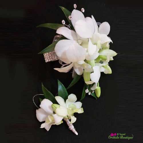 White Dendrobium Orchid Corsage and Boutonniere