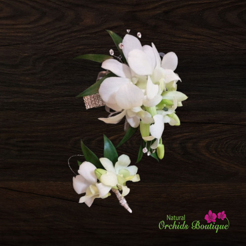 White Dendrobium Orchid Corsage and Boutonniere | Fresh Orchids White Dendrobium Orchid Corsage and Boutonniere | Fresh Orchids