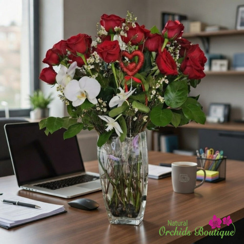 Romantic roses and orchids flower arrangement in glass vase with same day delivery Miami