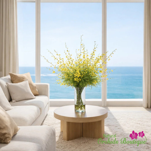 Yellow Oncidium orchid bouquet in glass vase Miami delivery