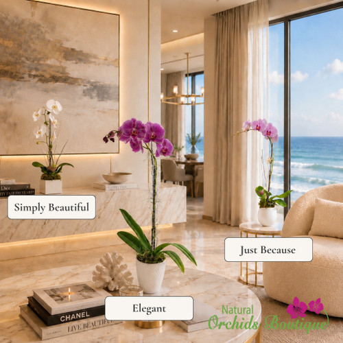 Beauty Treats monthly orchid subscription featuring Just Because, Simply Beautiful, and Elegant Phalaenopsis orchid arrangements.