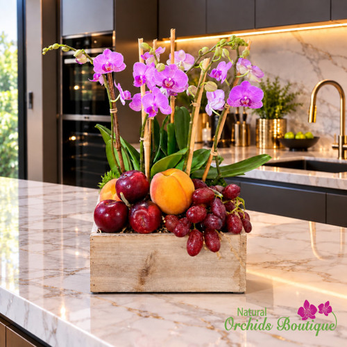 Purple Phalaenopsis orchid arrangement with fresh peaches plums and grapes