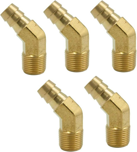 139-4B Vis 45Deg Brass Hose Barb Fitting Male Elbow, 1/4" Barbed x 1/4" NPT Male 5/PK