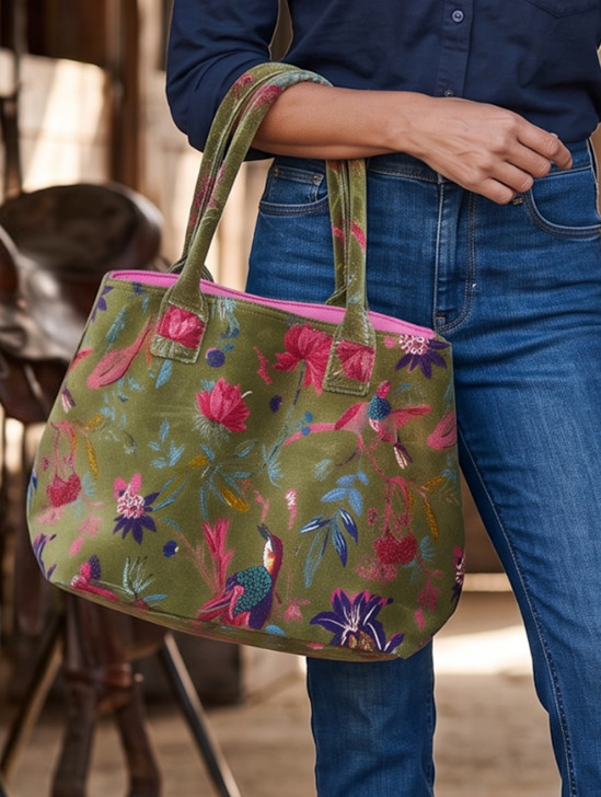 AB108B-PARADISE BIRDS OLIVE HANDBAG