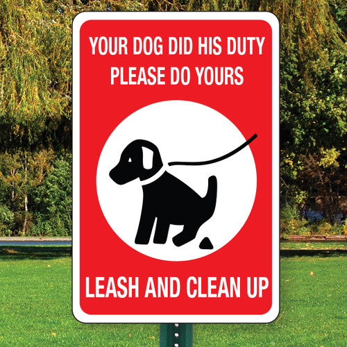 Leash and Clean Up Aluminum Sign - 12" x 18"