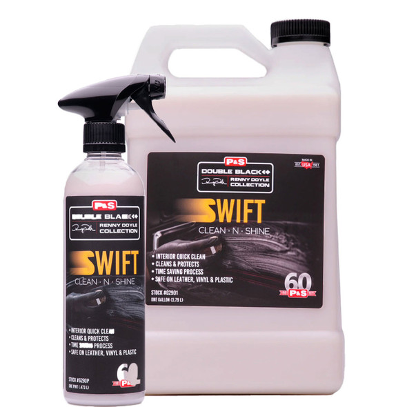 P&S Double Black SWIFT Clean & Shine: Swiftly clean and protect interior surfaces in one step. Removes dirt and grime from leather, vinyl, and plastic. Leaves protective layer, simplifying cleaning routine. Provides natural dressed appearance and a pleasant, freshly detailed interior fragrance.