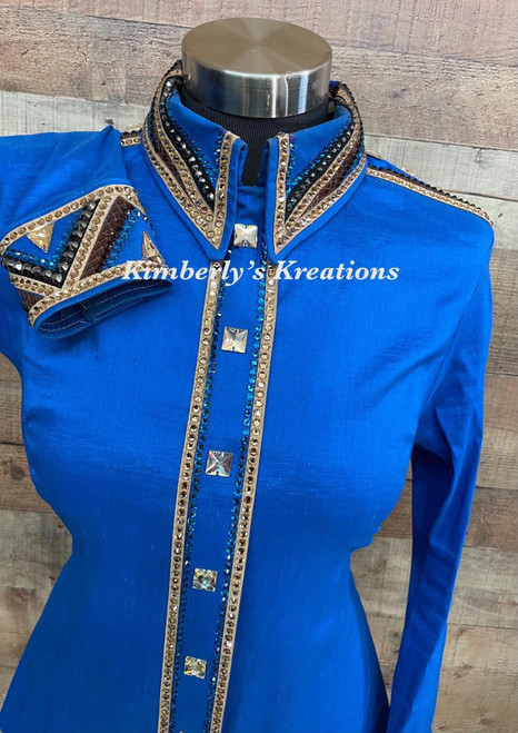 Brilliant Blue, Brown, Gold and Tan All Day Show Shirt with Matching Vest - Ladies Size Medium (Petite)