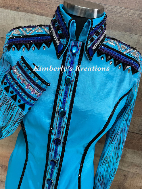 Shades of Blues, Purple, Silver and Black All Day Show Shirt - Ladies Size Medium/Large