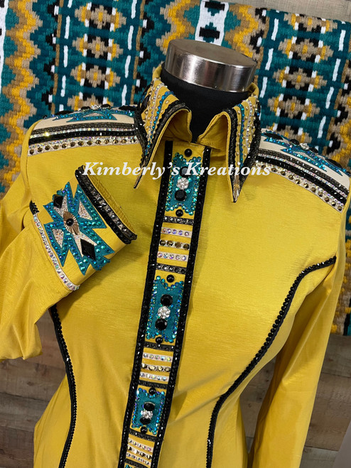 Goldenrod, Teal, Black, Tan and White All Day Show Shirt Ladies Size Medium with 34 x 44 Stellar Blanket
