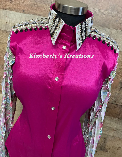 Fuchsia All Day Show Shirt with Floral Sleeves - Ladies Size Large