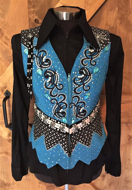 Turquoise, Black and White Show Vest with White Shirt - Ladies Size Small