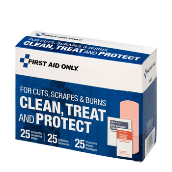 First Aid Only 90967 Clean, Treat And Protect For Cuts, Scrapes & Burns With 25 BZK Antiseptic Wipes, 25 Antibiotic Ointment Packets, And 25 Protective Plastic Bandages. Shop Now!