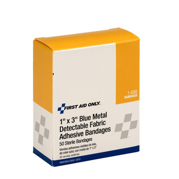 First Aid Only 1-650 1"X3" Blue Metal Detectable Fabric Bandages, 50 Per Box