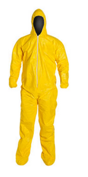 DuPont QC122S Yellow Tychem QC Coverall w/ Hood and Attached Socks Front view. Shop now!