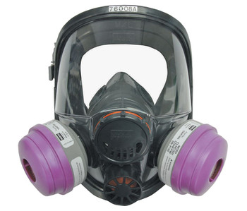 North Safety 76008A Silicone Full Facepiece Respirator Series 7600 in Medium/Large Size shown with 7580P100 Filter. Shop now!