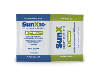 SunX SPF30+ Broad Spectrum Sunscreen Lotion Foil Pack & Dry Towelette available in Bulk Pack Case of 300. Shop Now!
