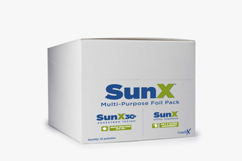 SunX SPF30+ Broad Spectrum Sunscreen Lotion Foil Pack & Dry Towelette available in Clam Shell Chip Board Dispenser Boxes. Shop Now! SunX SPF30+ Broad Spectrum Sunscreen Lotion Foil Pack & Dry Towelette available in Clam Shell Chip Board Dispenser Boxes. Shop Now!