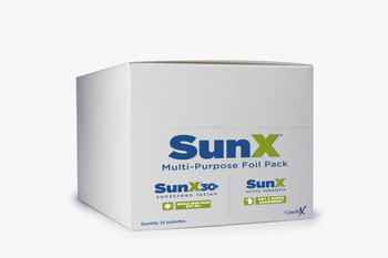 SunX SPF30+ Broad Spectrum Sunscreen Lotion Foil Pack & Dry Towelette available in Clam Shell Chip Board Dispenser Boxes. Shop Now!