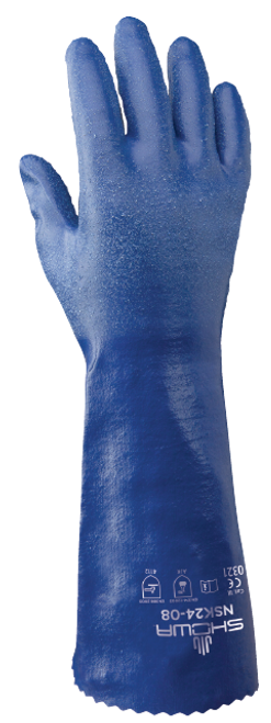 Chemical resistant nitrile, fully coated 14" gauntlet, royal blue, rough finish, interlock liner. Shop Now!