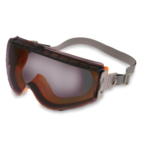 Uvex Stealth Safety Goggle. Available in Orange & Gray Frame, Clear Uvextreme Lens with Fabric Band. Shop Now!