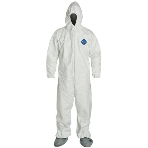 Dupont TY122S White Coveralls w/ Hood & Skid-Resistant Boots Front view. Shop now!