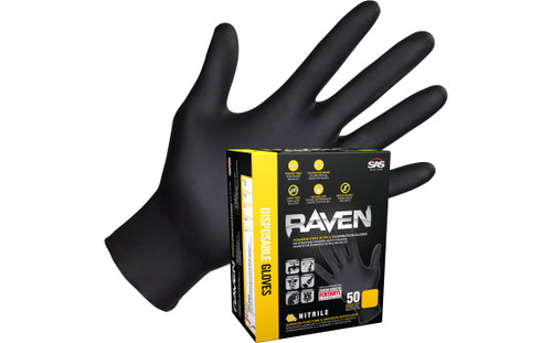Raven 66518-01 Black 7 Mil Derma-Med Powder-Free Nitrile Exam Grade Disposable Gloves , Size: Large - 50 Each