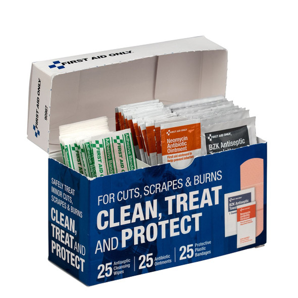 First Aid Only 90967 Clean, Treat And Protect For Cuts, Scrapes & Burns With 25 BZK Antiseptic Wipes, 25 Antibiotic Ointment Packets, And 25 Protective Plastic Bandages. Shop Now!