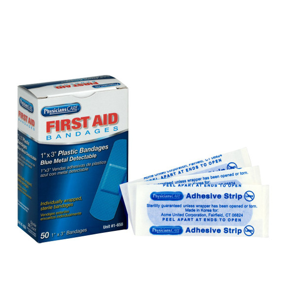 First Aid Only 1-658 1"X3" Blue Metal Detectable Plastic Bandages, 50 Per Box. Shop Now!