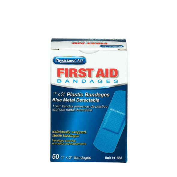 First Aid Only 1-658 1"X3" Blue Metal Detectable Plastic Bandages, 50 Per Box. Shop Now!