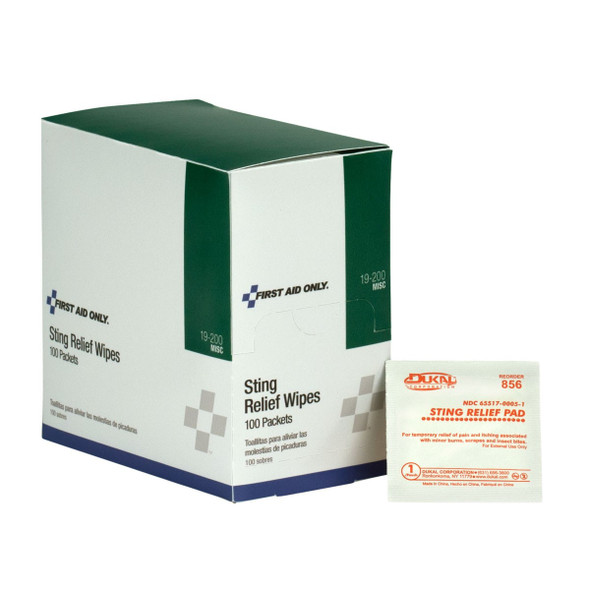 First Aid Only FA-19-200 Sting Relief Wipes, 100 Per Box. Shop Now!